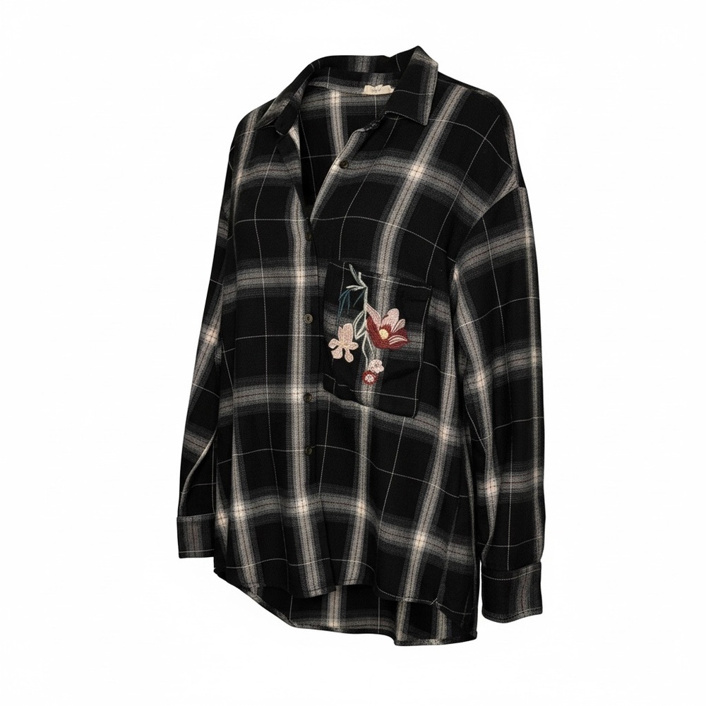 ENTRO Floral Embroidered Plaid Flannel Shirt - Boho Oversized Top